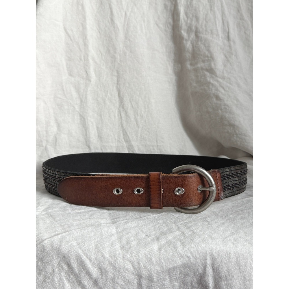 Fossil Brown Leather Belt M Black Sequin Beaded Western Boho Chic Whimsygoth